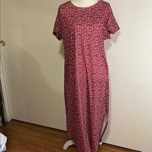 ANRABESS Red with White flowers Short Sleeve Long T Shirt Dress Split Maxi